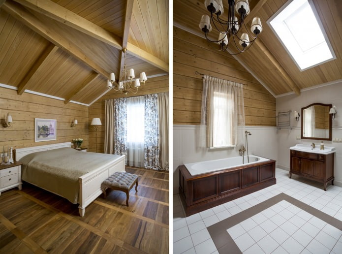 спальня и ванная в интерьере дома из клееного бруса