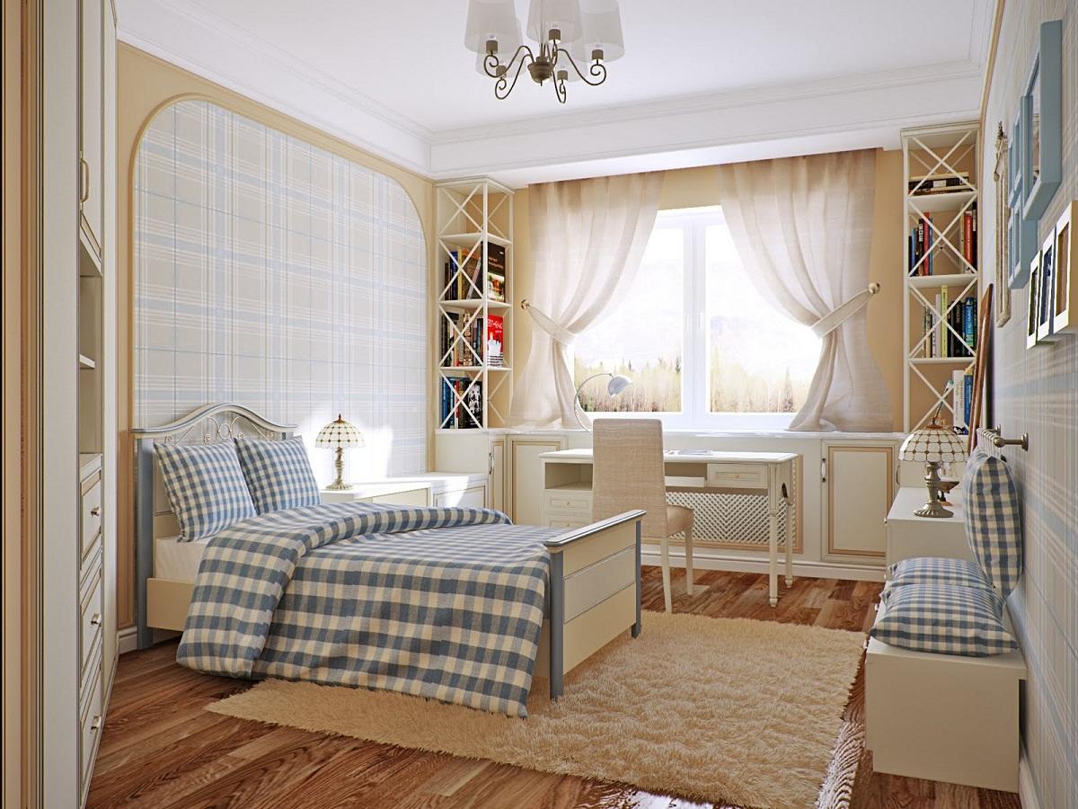 Спальня будет смотреться гармонично, если цвет и узор постельного белья будет совпадать со стенами или шторами 