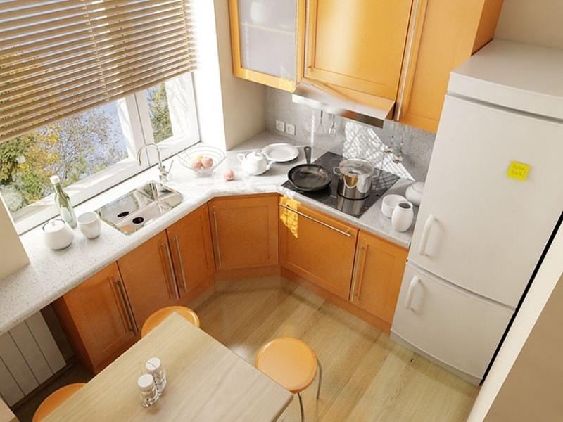 Угловое расположение рабочей зоны, охватывающей подоконник – один из наиболее оптимальных вариантов для небольшой кухни в 6 кв. м