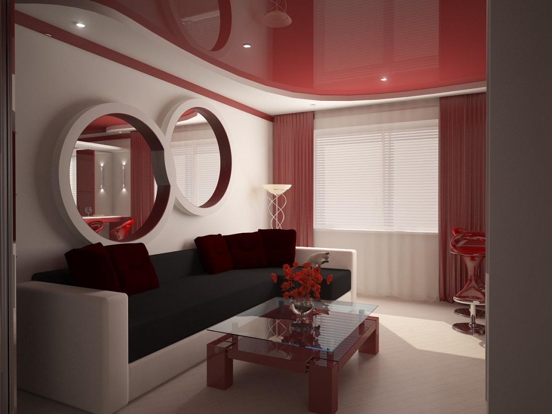 Красный потолок и белые стены хорошо подойдут для интерьера, выполненного в стиле хай-тек или модерн