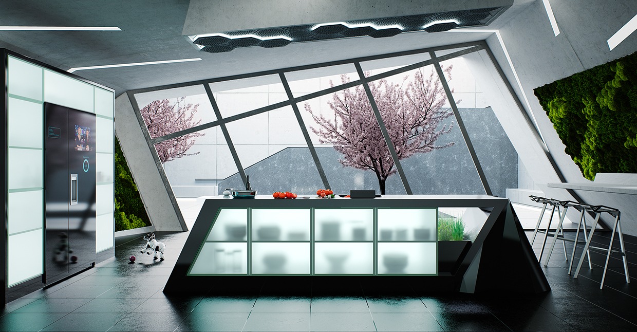 Современный дизайн кухонного острова со стеклянными вставками