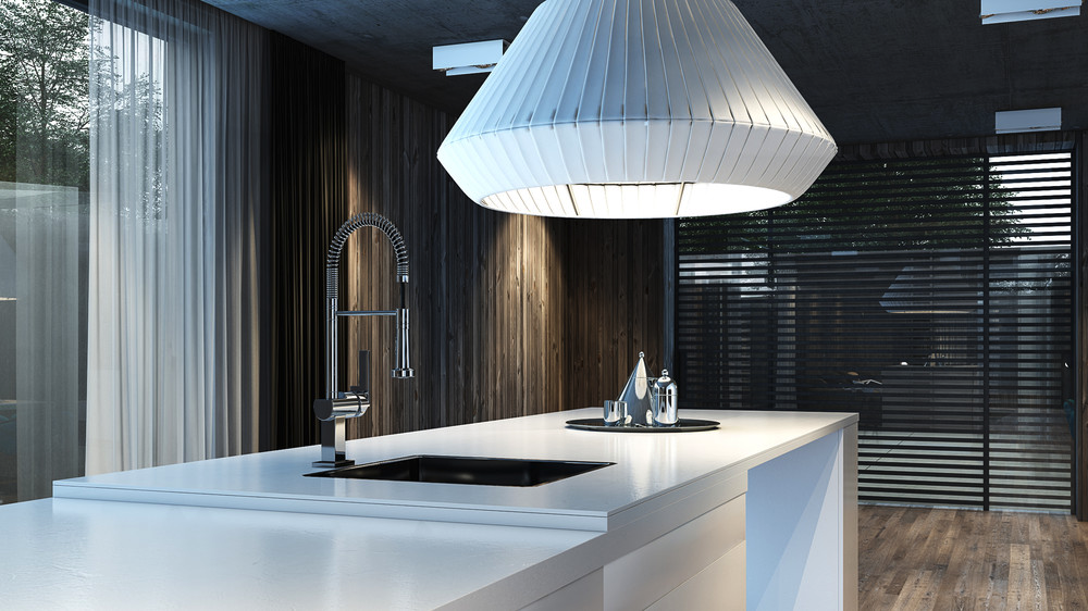 Оригинальный белый абажур потолочного светильника в интерьере функциональной кухни