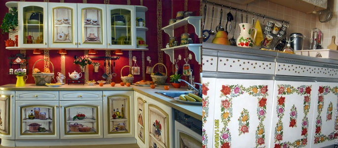 Декупаж считается самым популярным приемом декорирования кухонной мебели
