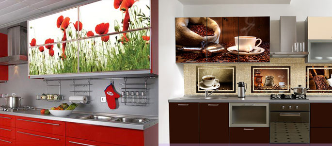 Для декорирования кухонной мебели можно использовать наклейки и фотообои