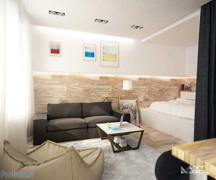 Современный интерьер однокомнатной квартиры с нишей для кровати. Фото