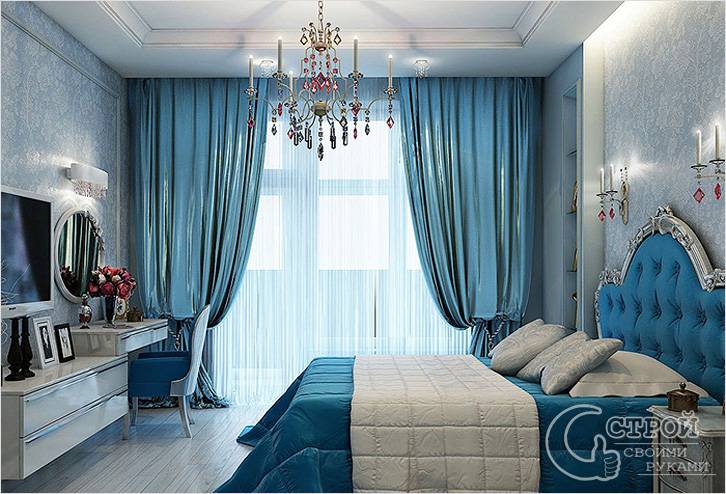 Голубые атласные шторы в спальне
