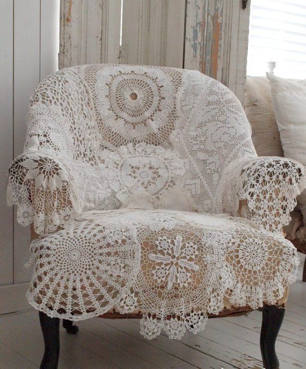 vintage chair covered in crochet doilies