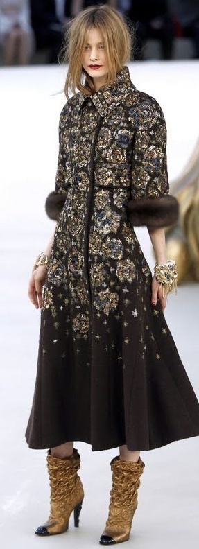 Love this Chanel runway look. - floral embroidered coat w/ fur trim + gold slouch boots w/ black toe cap