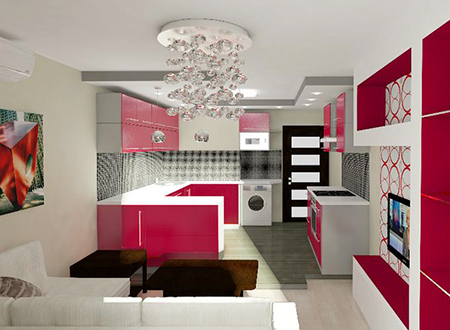 Рациональное расположение кухонной техники позволяет обеспечить простор на кухне-гостиной площадью в 18 кв. м 