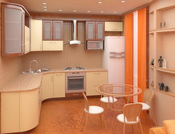 Эргономичное размещение мебели на кухне 11 кв. метров. Всего достаточно в меру, габариты гарнитура соизмеримы с размерами помещения.