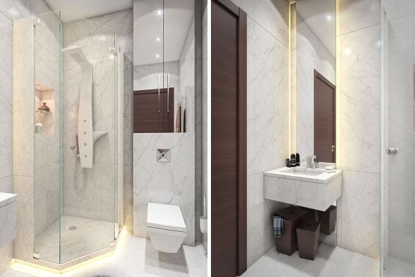 Мраморная ванная комната в дизайне 1 комнатной квартиры