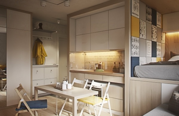 Модный дизайн однокомнатной квартиры 40 кв м - фото кухни и спальни