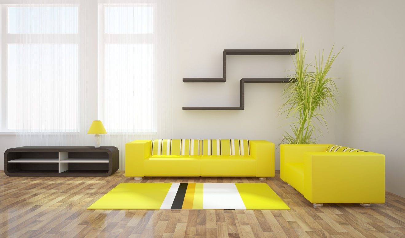 Желтые диваны и ковер в гостиной