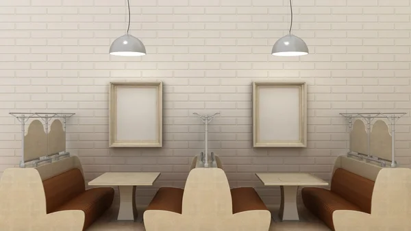 Пустые рамы для картин в классическом кафе интерьера фон на кирпичной стене с мраморным полом. Кафе диван, стол и блеск. Копирование пространства изображения. 3D визуализации — стоковое фото