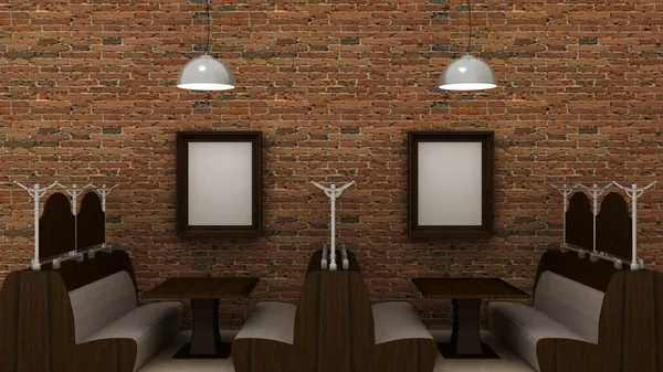 Пустые рамы для картин в классическом кафе интерьера фон на кирпичной стене с мраморным полом. Кафе диван, стол и блеск. Копирование пространства изображения. 3D визуализации — стоковое фото