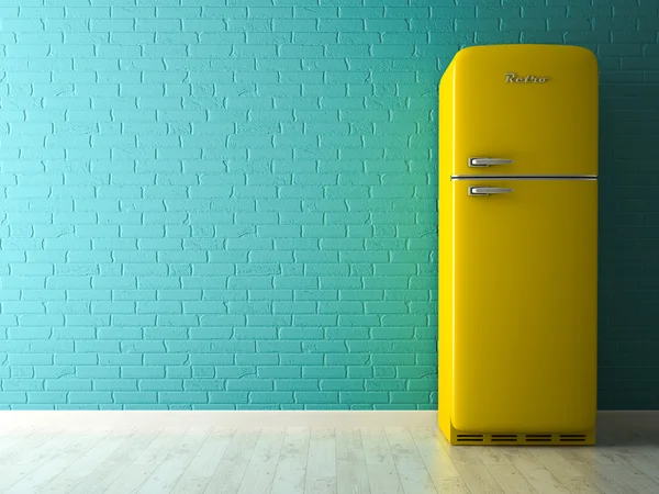 Интерьер с желтым холодильник 3d-рендеринга — стоковое фото