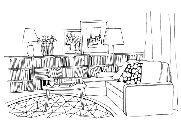 Рука нарисованные эскиз интерьера современной гостиной с диваном, подушки, небольшой журнальный столик, Книжная полка с большим количеством книг, светильники, картины и вазы — стоковый вектор