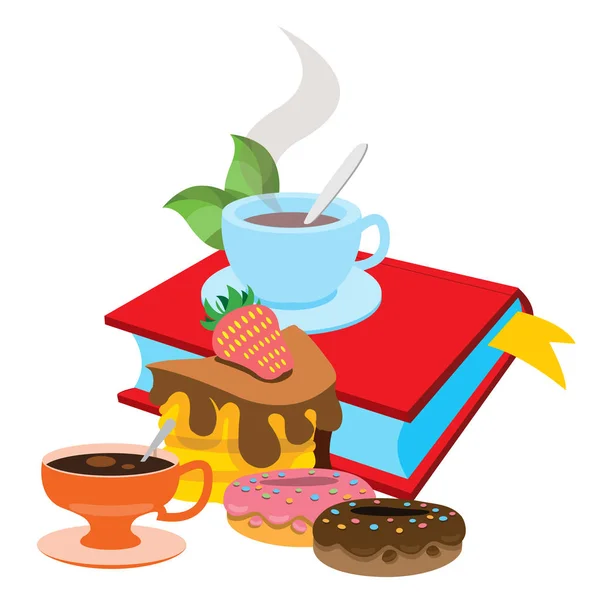Книга, чашка чая, пончики. Цветная иллюстрация Дизайн кафе, ресторанов, пекарен и кафе — стоковый вектор