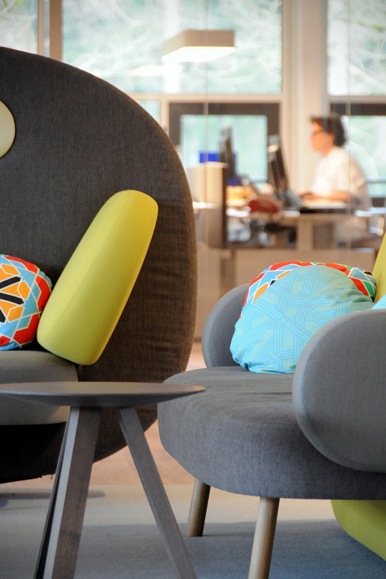 Дизайнерские диваны с яркими подушками в клинике имени Александра Монро