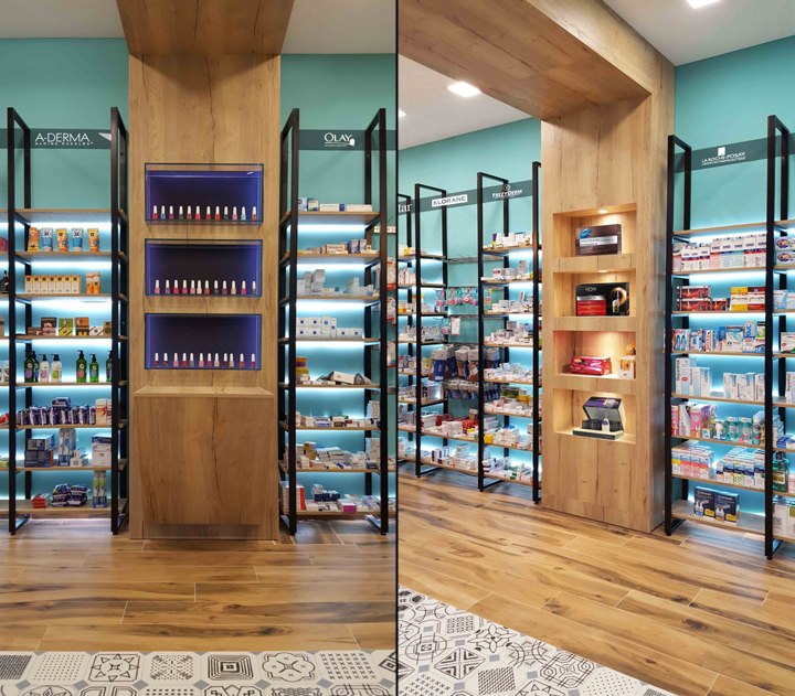 Современный дизайн для аптеки: деревянные секции по бокам