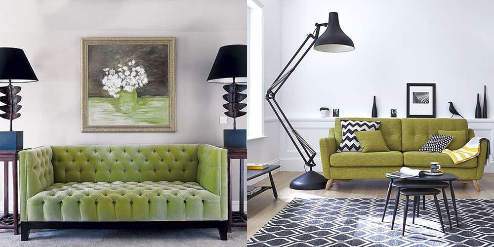 Зеленый диван и черная лампа - отличное сочетание 