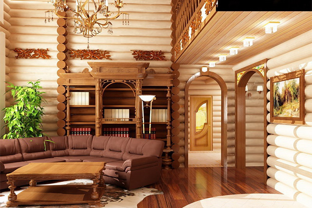 Интерьер зала дома деревянного дома