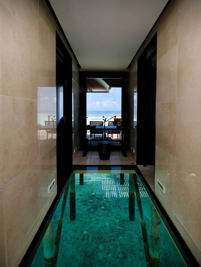 2. Стеклянный пол над водой, сквозь который видно морское дно. дизайн, дом, идея, креатив