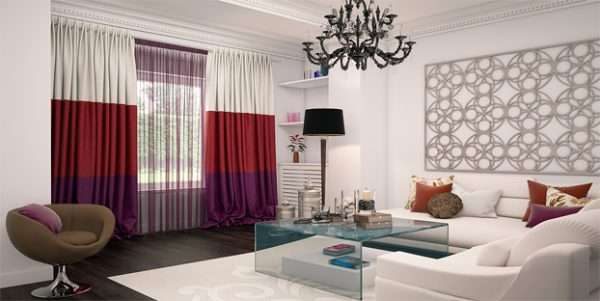 трёхцветные бордовые шторы в гостиной