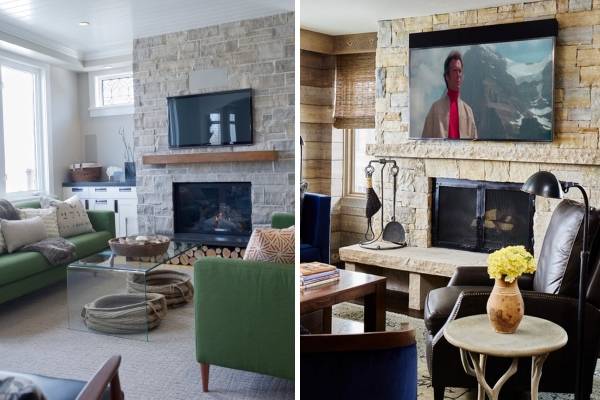 Телевизор над камином в интерьере гостиной - фото с каменной отделкой