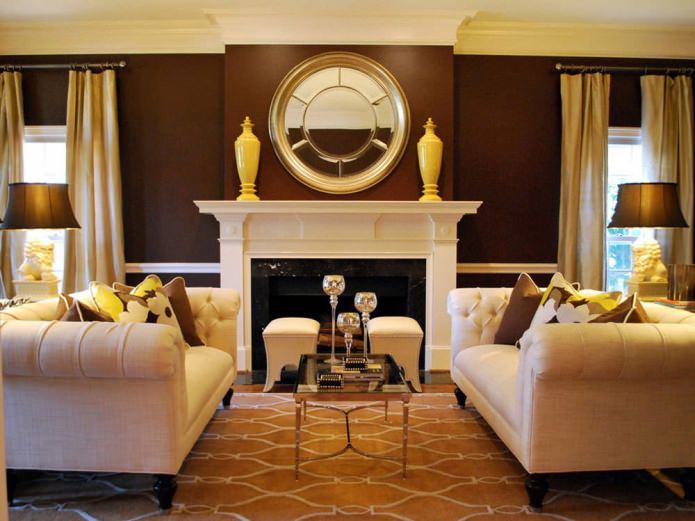 Желто-коричневый цвет в интерьере гостиной