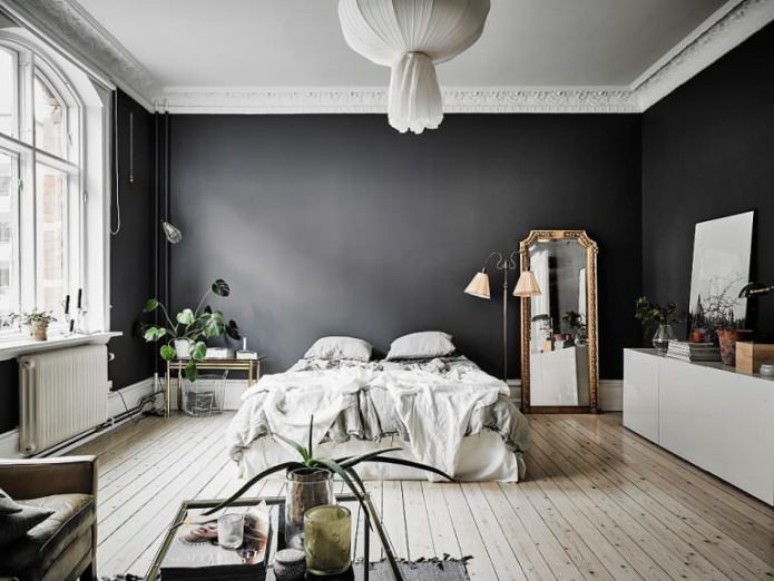 черные стены в спальне 