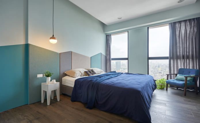 современная спальня в голубых тонах