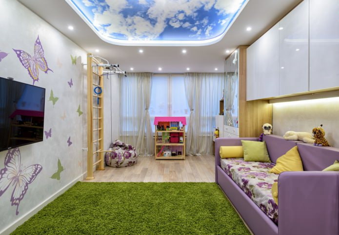 Натяжные потолки для детской комнаты для девочки фото интерьеров