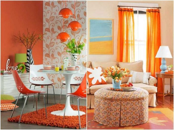 сочетание яркого оранжевого в декоре дома с другими цветами