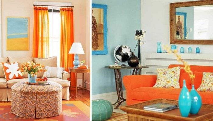 сочетание яркого оранжевого в стиле квартиры с другими цветами