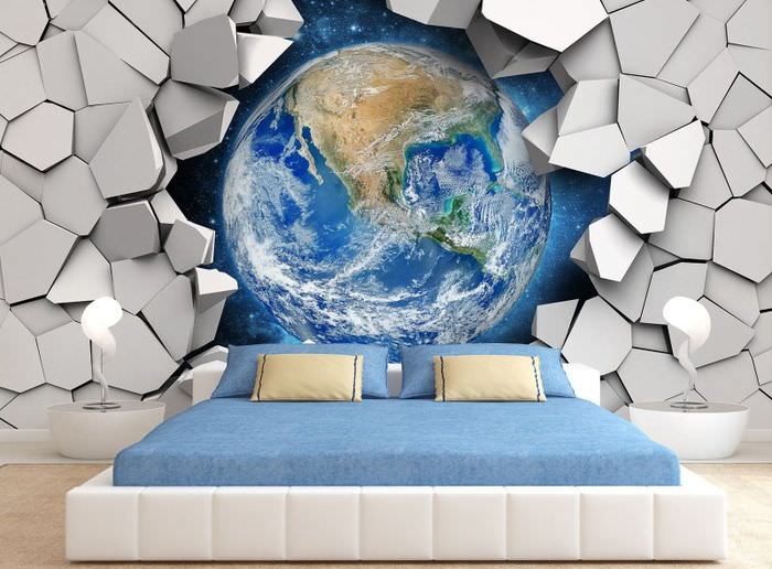 Оформление стены спальни фотообоями в космической тематике
