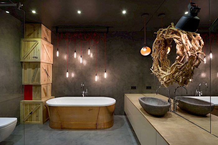 Дизайн темной ванной комнаты в стиле лофт
