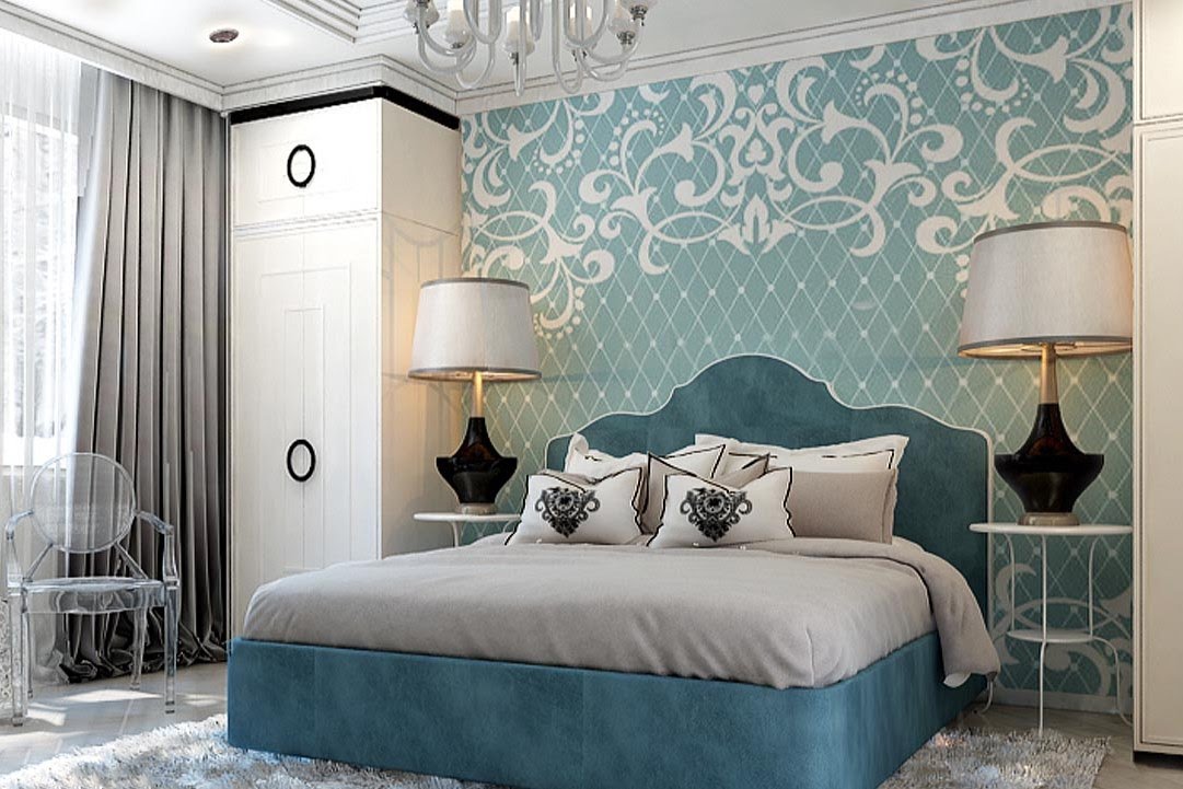 Фото дизайн спальни 2016 в голубом цвете