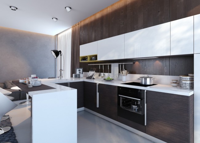 Современная кухня-студия, выдержанная в строгой цветовой гамме: темно-коричневый венге в сочетании с белым и светло-серым