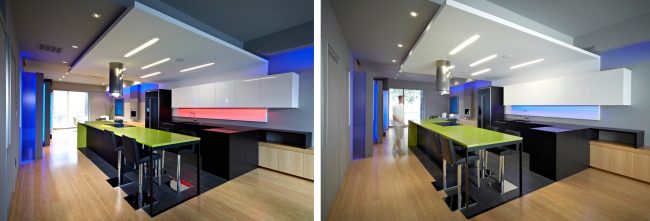 RGB-ленты, умело примененные в черно-белой кухне, могут менять ее вид по щелчку пальцев. На фото отлично видно, как отличается общий вид кухни в зависимости от цвета и силы освещенности