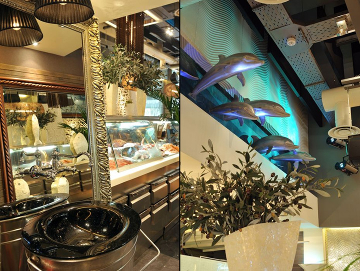 Разнообразные предметы декора в интерьере ресторана в морском стиле