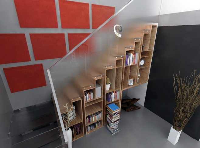 Дизайн интерьера домашней библиотеки под лестницей