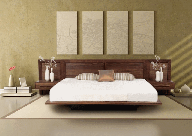 Современный дизайн спальни с кроватью-платформой. Фото 34