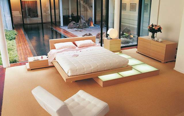 Современный дизайн спальни с кроватью-платформой. Фото 38