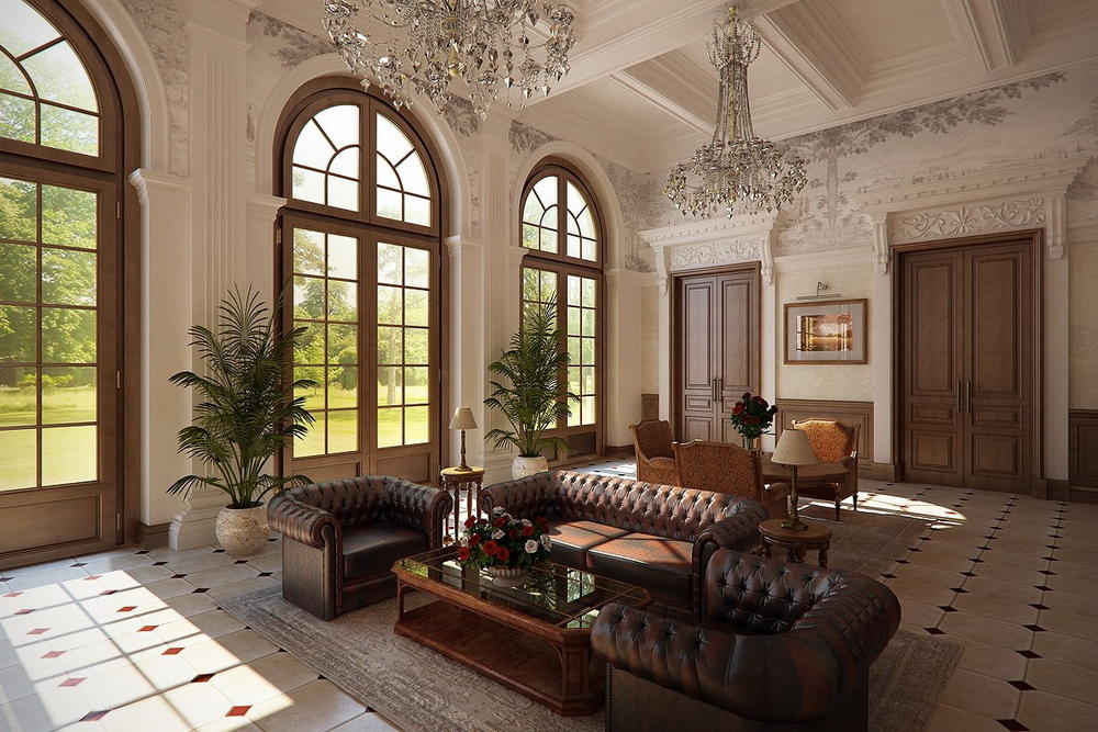 В загородном доме очень красиво смотрится гостиная комната в классическом стиле 