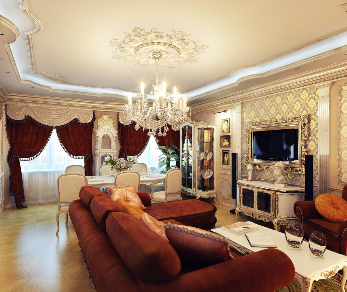 Гостиные в классическом стиле делают в белом или бежевом стиле, дополняя интерьер мебелью яркого цвета