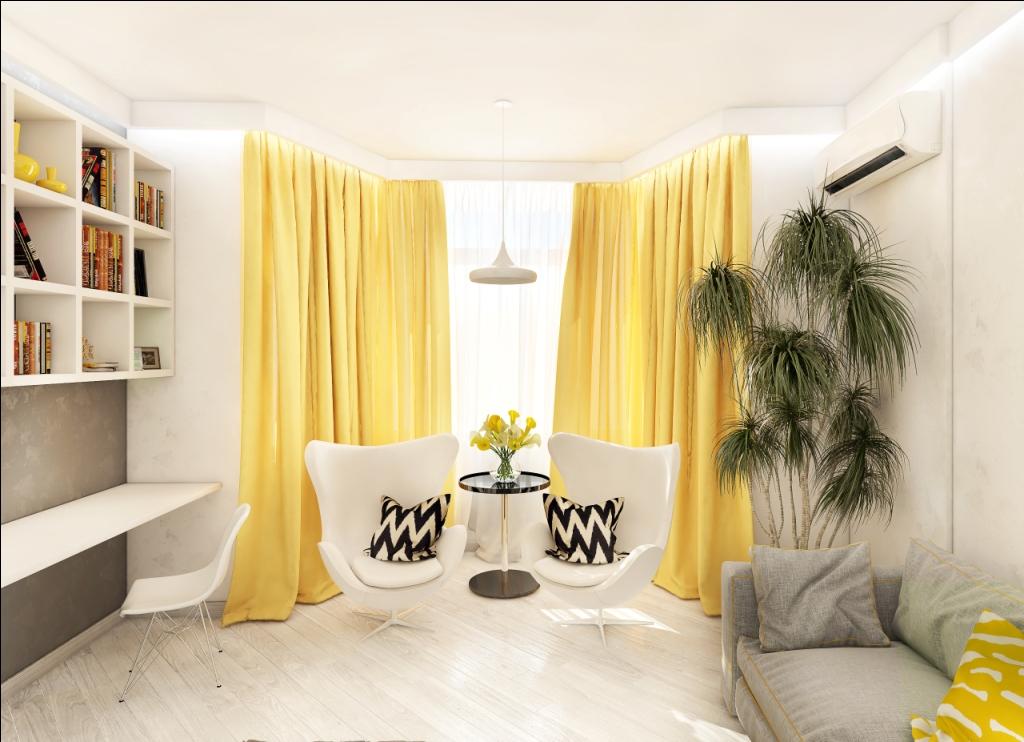 Белый цвет должен преобладать в интерьере желтой гостиной