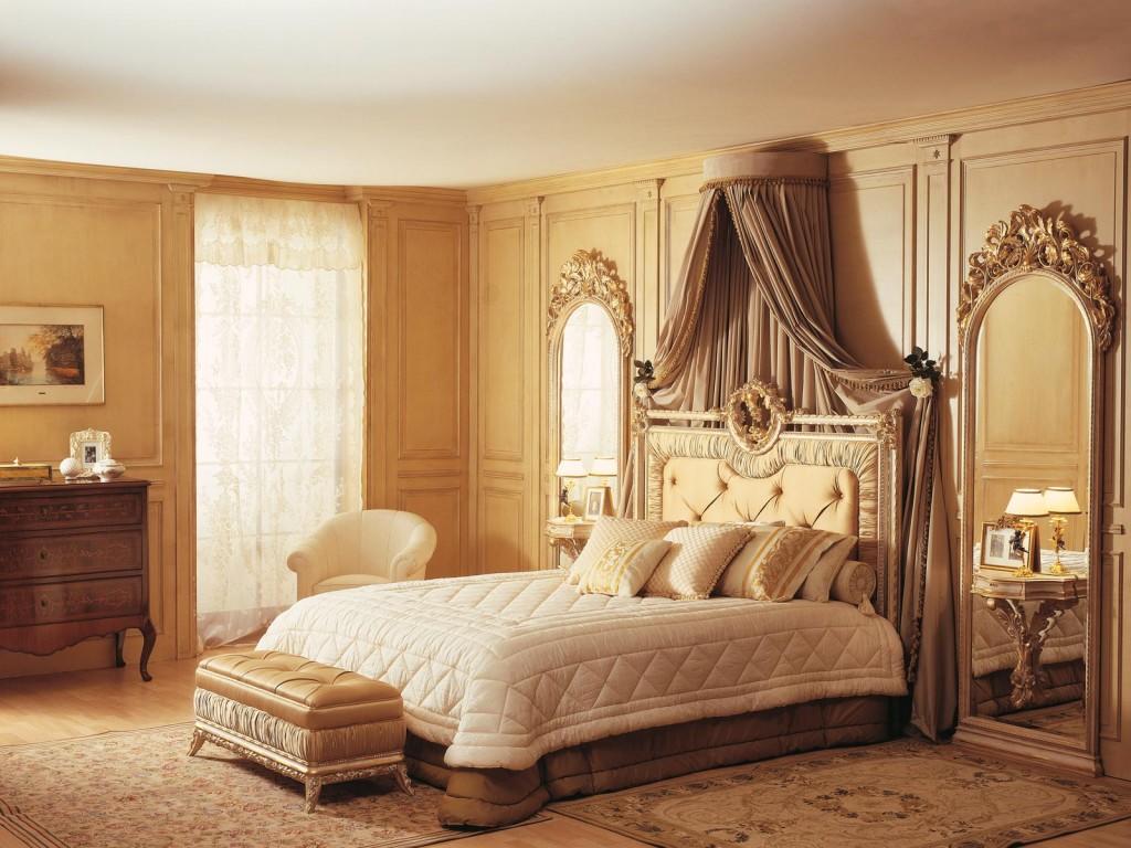 Дополнительным аксессуаром для классической спальни станет большое зеркало с массивной рамой