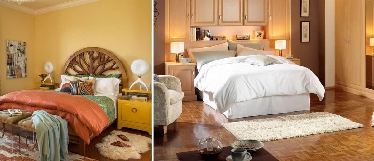 Популярным вариантом для спальни является небольшой прикроватный коврик, расположить который можно у подножья кровати