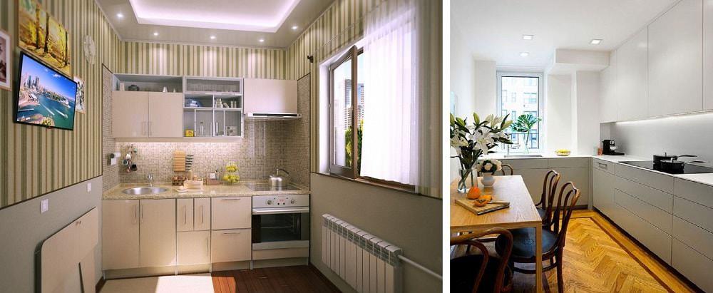 Обои с вертикальными полосками и потолок в одном цвете со стенами — наилучшие варианты оформления кухни с низким потолком